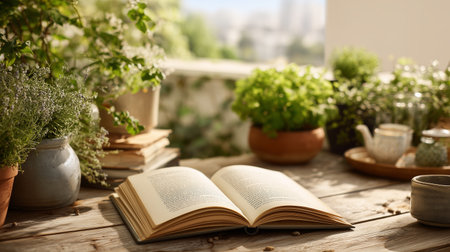Relaxing afternoon with a book surrounded by fresh herbs and natureの素材