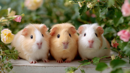 Cute guinea pigs sitting together in a garden full of colorful flowersの素材