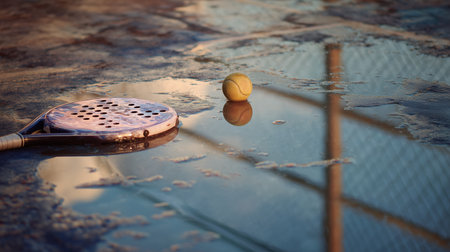 Wet tennis court with a ball and racket reflecting in the puddle at sunsetの素材