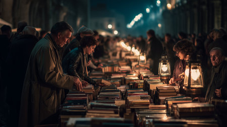 Evening book market attracts many readers under street lanterns at nightの素材