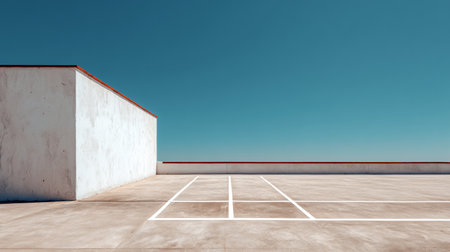 Rooftop parking area with clear blue sky and minimalist design in daytimeの素材