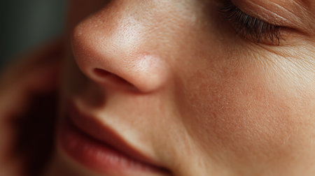 Close-up of a persons face showing soft skin and natural beauty in warm lightの素材
