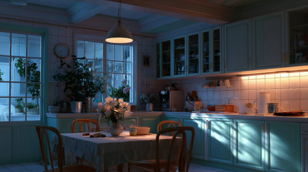 Soft evening light fills a cozy kitchen with plants and a warm dining table setupの素材