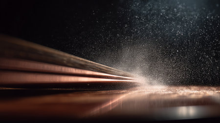 Water droplets dance in the air as wood is sanded in a workshop at sunsetの素材