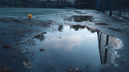 Puddles form on tennis court after rain at sunset in a quiet urban areaの素材