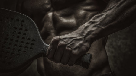 Strong hand gripping paddle showcases muscular definition in dramatic lightの素材