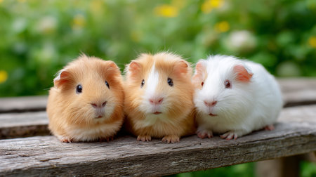 Three cute guinea pigs sitting together on a wooden bench in a lush green gardenの素材