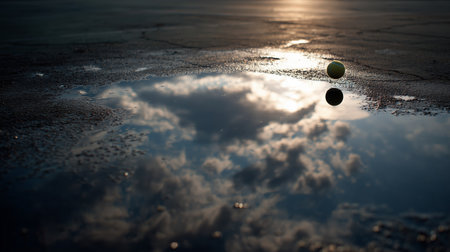 Reflection of clouds and a white ball in a puddle on an afternoonの素材