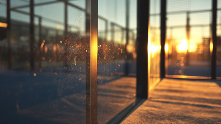 Sunlight filters through glass panels at dusk in a modern architectural spaceの素材