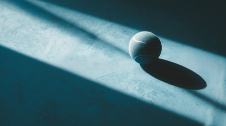 Soft green tennis ball on a blue floor with shadows in a dimly lit roomの素材