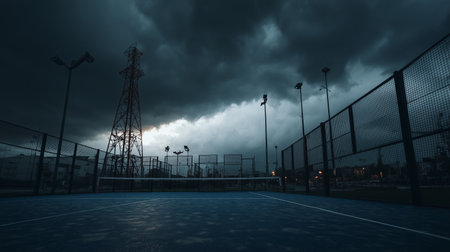 Dark storm clouds loom over an empty tennis court in a quiet urban parkの素材