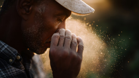 Worker clears dust from face while engaged in farming at sunsetの素材