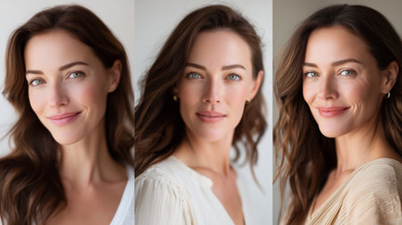 Woman posing for a portrait with varied expressions in a bright indoor settingの素材