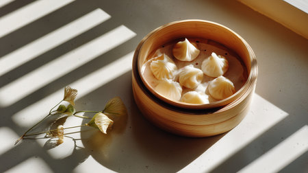 Steamed dumplings in a bamboo basket with natural light and shadowsの素材