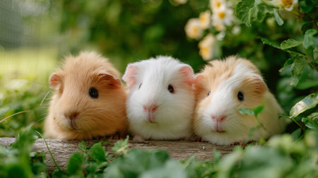 Cute guinea pigs posing together outdoors in a garden surrounded by green foliageの素材