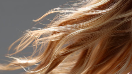 Flowing golden hair dancing in the gentle breeze with a soft gray backgroundの素材