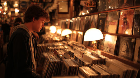 Young person exploring vinyl records in a cozy shop at nightの素材