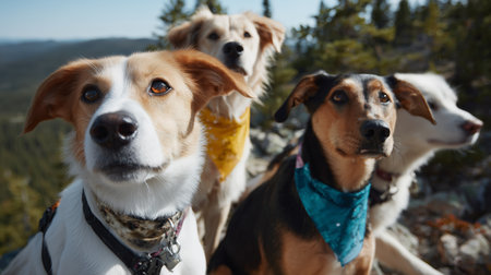 Dogs exploring a scenic mountain trail with colorful bandanas during a sunny dayの素材