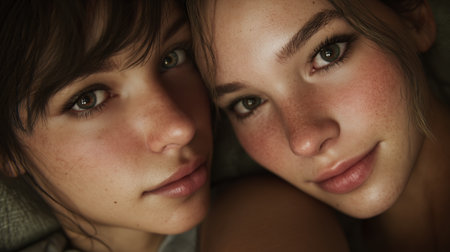 Two friends enjoying a close moment together with warm smiles and gentle expressionsの素材