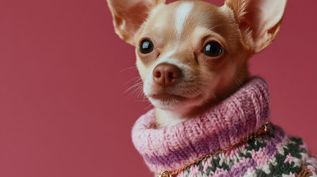 Charming chihuahua in stylish sweater posing against pink backdrop during indoor photoshootの素材