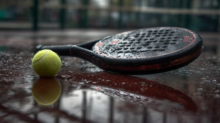 Rain-soaked tennis racket and wet ball resting on a courtの素材