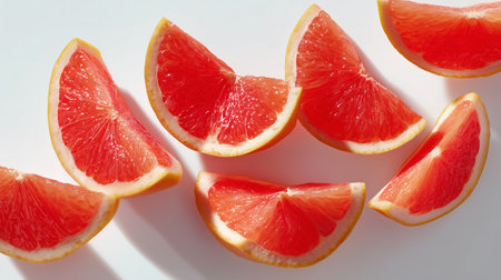 Fresh grapefruit slices arranged on a white surface for a healthy snack or dessertの素材