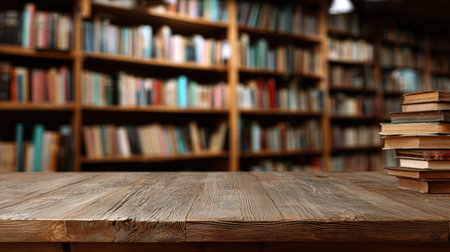 Wooden table with stacked books in a cozy library full of shelves and old booksの素材