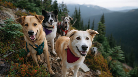 Happy dogs hiking together on a mountain trail in the afternoon sunの素材