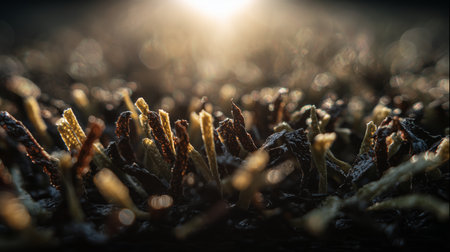 Close-up view of sprouting plants in rich soil under sunlight during early morningの素材