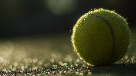 Dew-covered tennis ball rests on court as morning light creates a dreamy atmosphereの素材