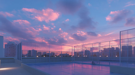 Beautiful sunset over a city skyline viewed from a rooftop terraceの素材