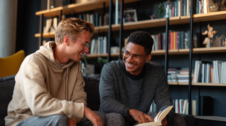 Two friends share a laugh while reading in a cozy modern living room during the afternoonの素材