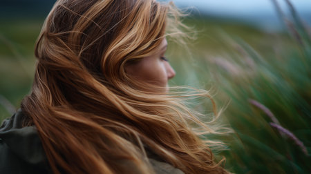 Woman with long hair enjoying nature in a grassy field during golden hourの素材