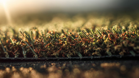 Close-up view of synthetic grass field with sunlight shining in the background during late afternoonの素材