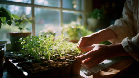 Care for little seedlings under morning light in a cozy indoor gardenの素材