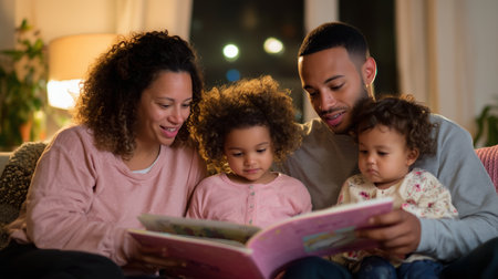 Family enjoys story time together in a cozy living room during the eveningの素材