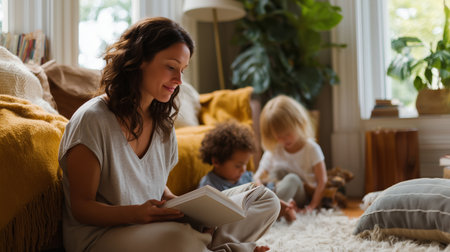 Woman reading a book while children play in a cozy living room during the afternoonの素材