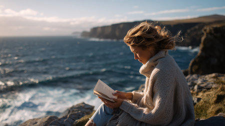 Reading peacefully by the ocean with cliffs in the background during golden hourの素材
