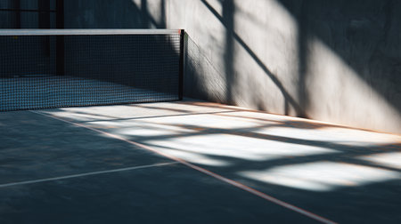 Shadows and lines on a tennis court create a serene atmosphere in the morning lightの素材