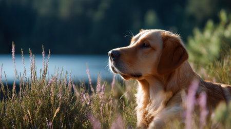 Golden retriever resting in a sunny meadow by a lake surrounded by wildflowersの素材