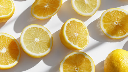 Fresh lemon slices arranged on a bright surface showcasing their vibrant yellow colorの素材