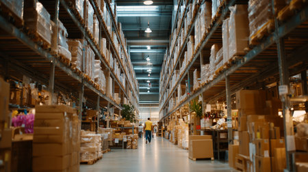 Warehouse interior showing organized aisles and a worker moving through the shelvesの素材