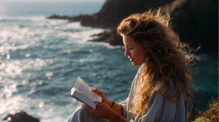 Woman reading a book by the ocean during a calm afternoonの素材