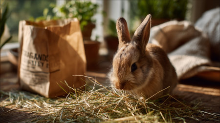 Cute rabbit exploring hay in a cozy indoor setting with plants and a paper bagの素材