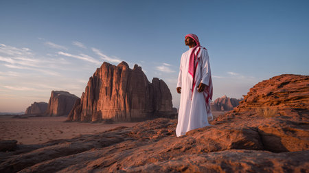 Man standing on rock formation in desert landscape during sunset in Saudi Arabiaの素材