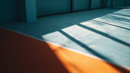Light and shadow play on a multi-sport court during the day in an indoor facilityの素材