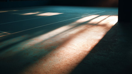 Soft sunlight casts shadows on a quiet indoor tennis court in the early morningの素材
