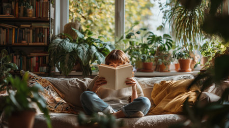 Enjoying a quiet moment with a book surrounded by greenery in a cozy living roomの素材