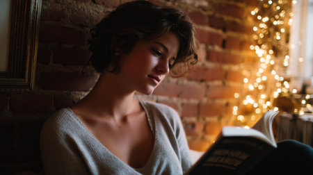 Young woman reading a book while relaxing in a cozy room with warm lightsの素材