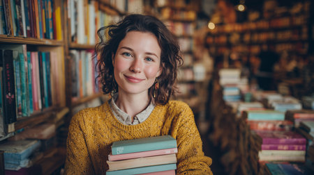 Young woman with curly hair holds books in cozy bookstore filled with shelves of literatureの素材